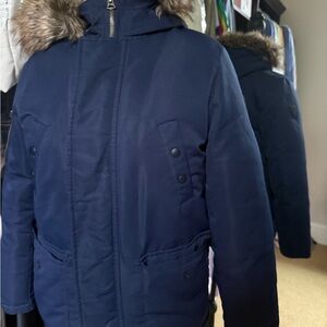 RL Polo Boys Navy Blue Parka with Faux Fur Hood Size 10-12